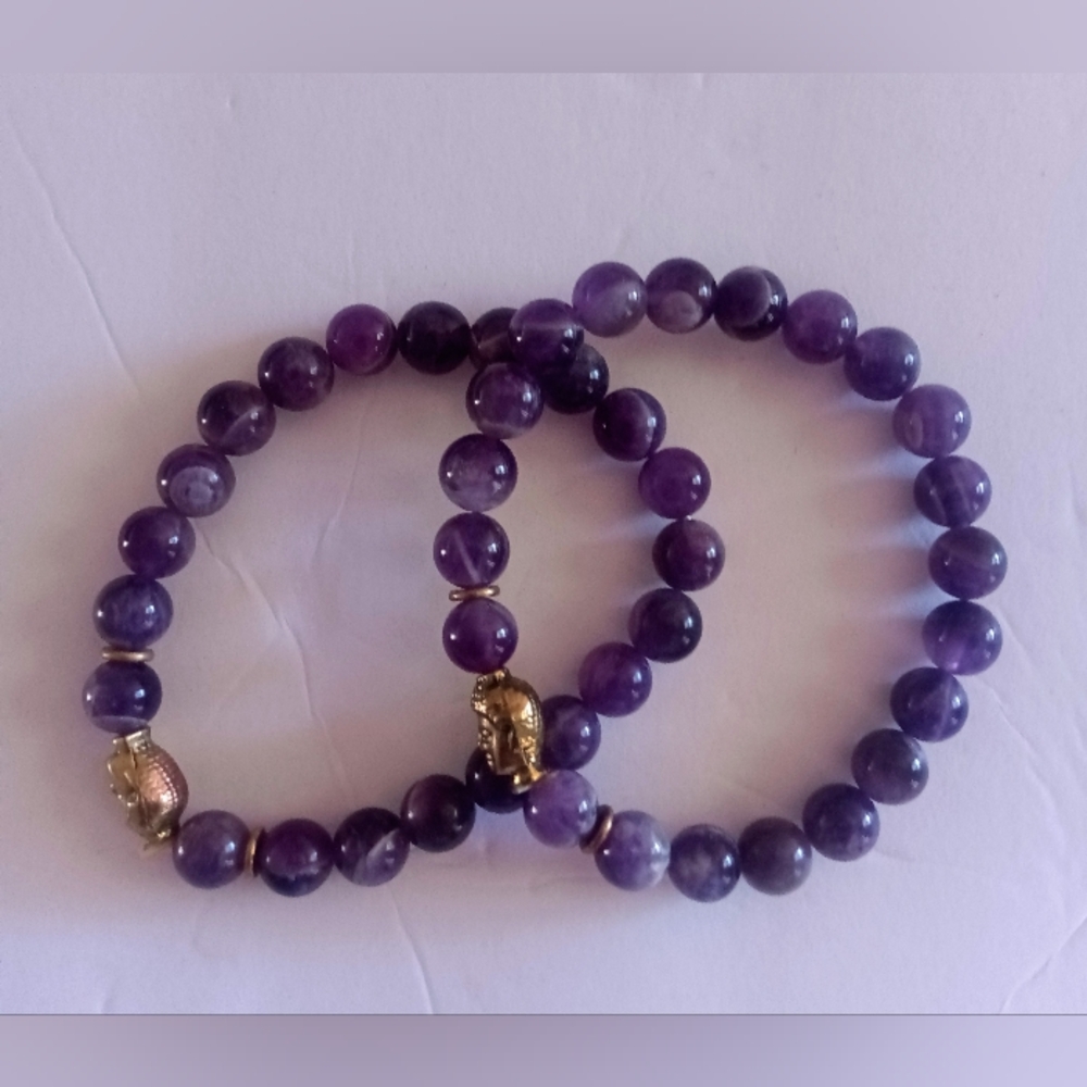 2 Beaded Stretchable Bracelets Natural Amethyst Gemstones Gold-toned Buddha Head